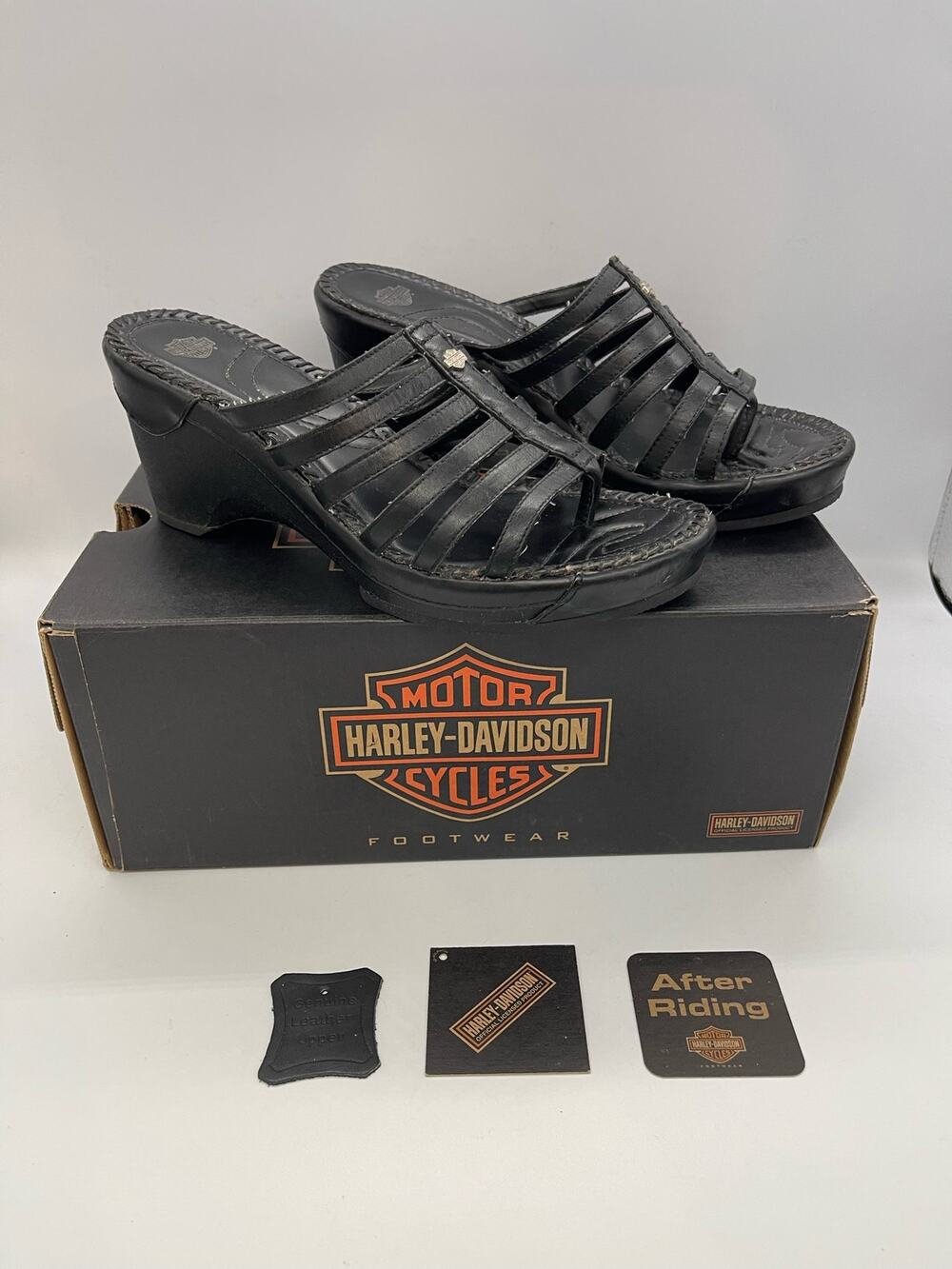 Harley Davidson Women's Black Leather Wedge Sandal Size 8.5